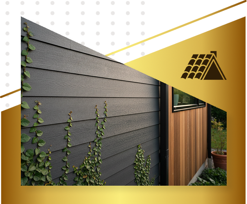 A close-up of a modern house exterior in the Twin Cities shows dark horizontal siding with climbing vines, a window, and adjacent wood paneling. The image is framed with a gold border and a roofing icon in the top right corner.