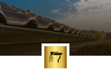 Close-up of a dark-colored roof with guttering under a partly cloudy sky; a golden icon showing water flowing from a gutter is overlaid at the bottom center, highlighting Exterior Done Best’s expert roofing in the Twin Cities.