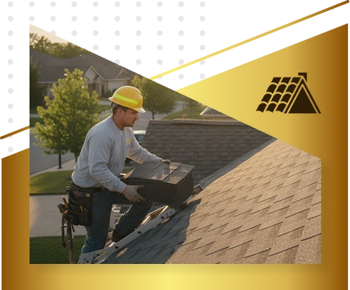 A construction worker wearing a yellow hard hat and tool belt climbs a ladder, carrying shingles onto a residential roof, showcasing expert Roofing in the Twin Cities. Trees and houses are visible behind a gold roofing-themed graphic overlay.