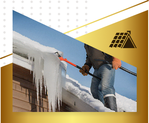 A person in winter clothing uses a long tool to remove large icicles from the edge of a snow-covered roof. A golden border and roof icon decorate the image, highlighting expert roofing care by Exterior Done Best in the Twin Cities.