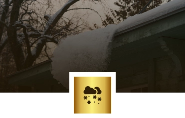 Snow is sliding off the edge of a roofing structure with bare trees in the background. A gold weather icon showing clouds and snowflakes, styled by Exterior Done Best, is overlaid at the bottom center of this Twin Cities scene.