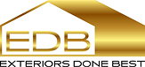 Logo for Exteriors Done Best featuring the initials EDB in gold lettering inside a gold house outline, with the tagline "Exteriors Done Best" in black text below, representing top-notch roofing services in the Twin Cities.