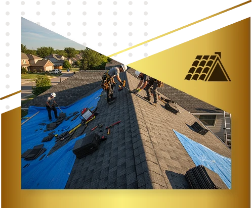 Roofers in safety gear work on a house roof covered with blue tarps and tools, installing new shingles in a suburban Twin Cities neighborhood. The image has a gold border with a Roofing icon in the upper right corner. Exterior Done Best!.